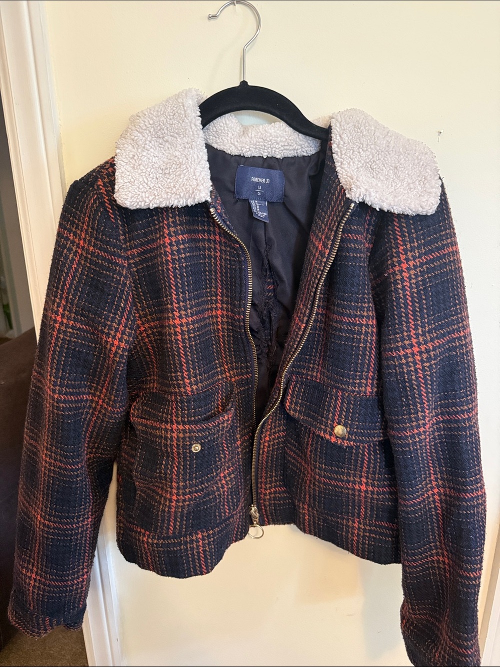 Forever 21 Black & Red Plaid Teddy Collar Jacket
